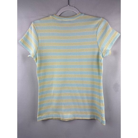 Old Navy Womens Medium Striped T-Shirt 100% Cotton Made In Peru Pastel Yellow & - Picture 4 of 4